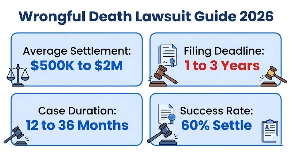 Wrongful death lawsuit guide 2026 showing settlement ranges and filing deadlines