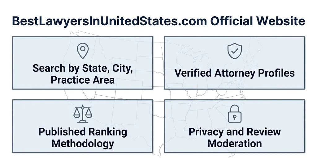 BestLawyersInUnitedStates.com official website overview graphic showing search, verification, and ranking features