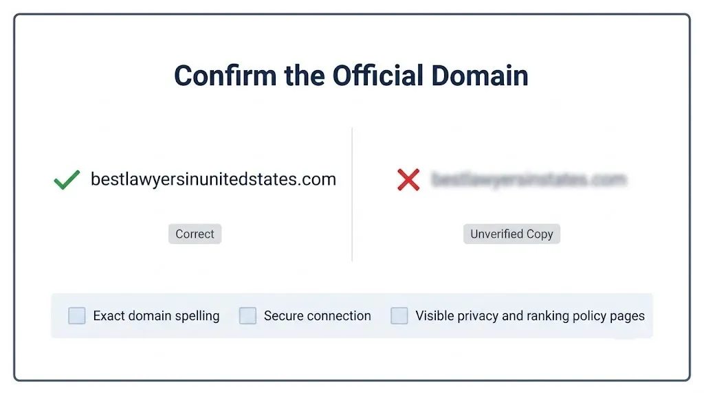 Graphic comparing the correct bestlawyersinunitedstates.com domain against an unverified copycat site