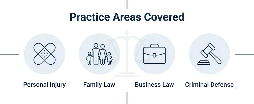 Icon grid showing personal injury, family law, business law, and criminal defense on bestlawyersinunitedstates.com