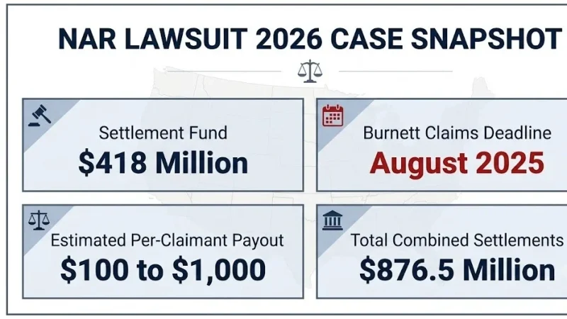 NAR lawsuit 2026 case snapshot infographic, $470M combined settlements, Tuccori buyer claims pending, Eighth Circuit ruling expected late 2026.