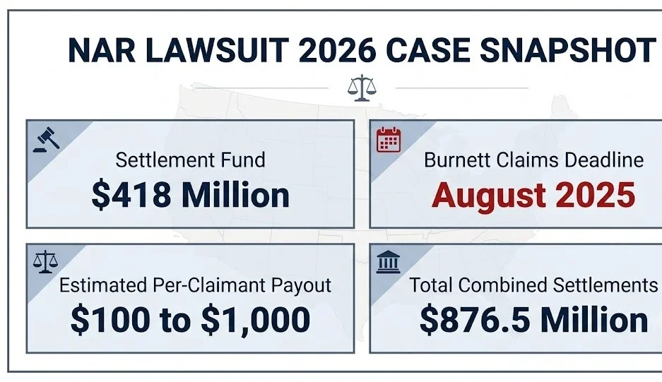 NAR lawsuit 2026 case snapshot infographic, $470M combined settlements, Tuccori buyer claims pending, Eighth Circuit ruling expected late 2026.