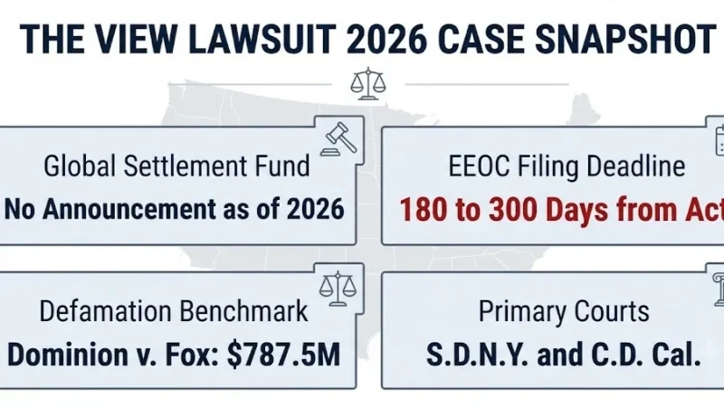 The View lawsuit 2026 case snapshot, $800M sought, SDNY docket active in discovery, typical media resolution ranges (98 characters).