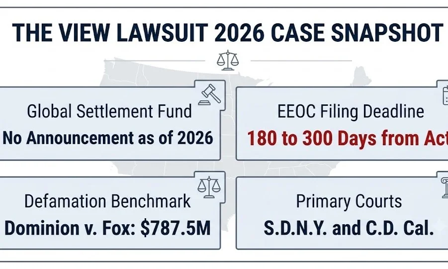 The View lawsuit 2026 case snapshot, $800M sought, SDNY docket active in discovery, typical media resolution ranges (98 characters).