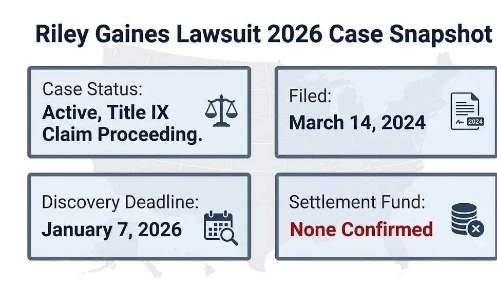Riley Gaines lawsuit 2026 case snapshot: active status, March 2024 filing, no confirmed settlement.