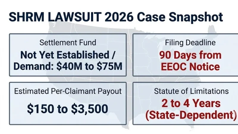 SHRM lawsuit 2026 case snapshot infographic, $40M to $75M demand, 90-day EEOC deadline, $150 to $3,500 payout range SHRM lawsuit 2026 case snapshot infographic, $40M to $75M demand, 90-day EEOC deadline, $150 to $3,500 payout range