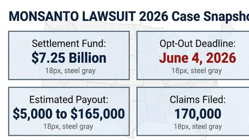 Monsanto lawsuit 2026 case snapshot, $7.25 billion settlement, June 4 2026 deadline, $5,000 to $165,000 payout range