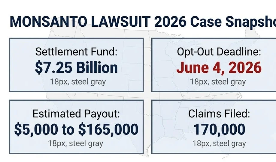 Monsanto lawsuit 2026 case snapshot, $7.25 billion settlement, June 4 2026 deadline, $5,000 to $165,000 payout range