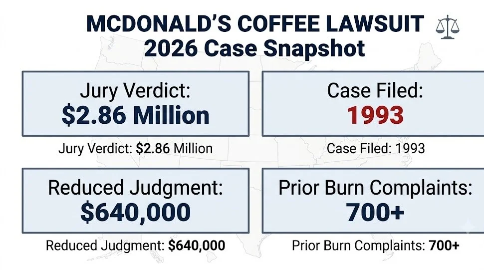 Alt Text: McDonald's coffee lawsuit 2026 case snapshot, $2.86 million verdict, $640,000 reduced judgment, 700+ prior complaints