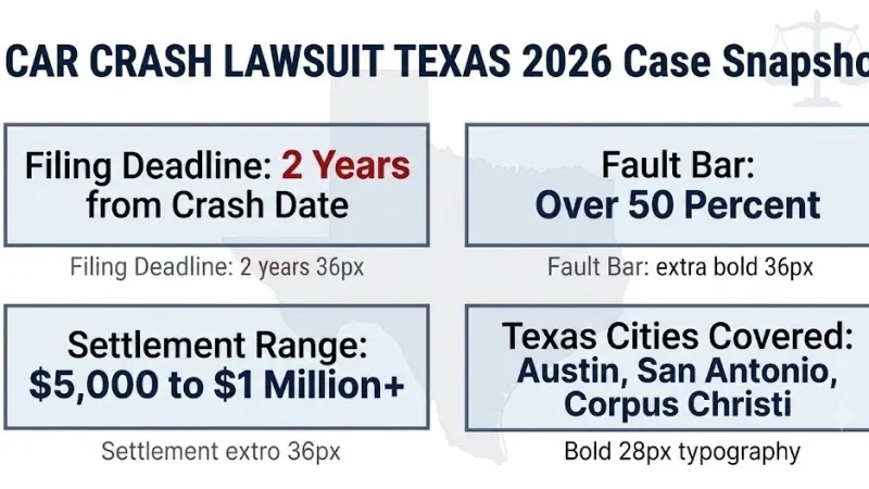 Alt Text: Car crash lawsuit Texas 2026 snapshot, 2 year deadline, 50 percent fault bar, $5,000 to $1 million settlement range