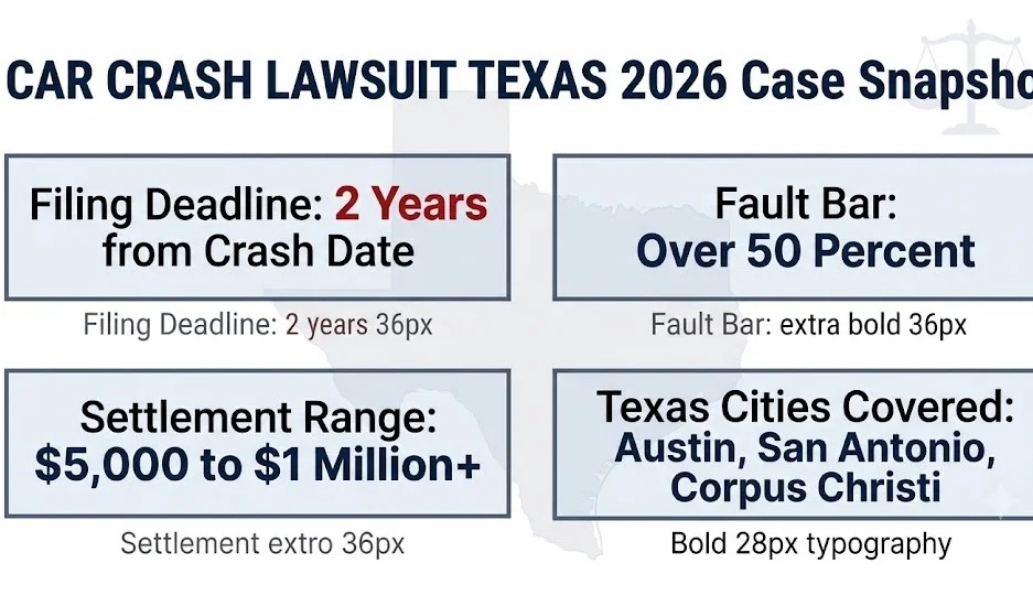 Alt Text: Car crash lawsuit Texas 2026 snapshot, 2 year deadline, 50 percent fault bar, $5,000 to $1 million settlement range