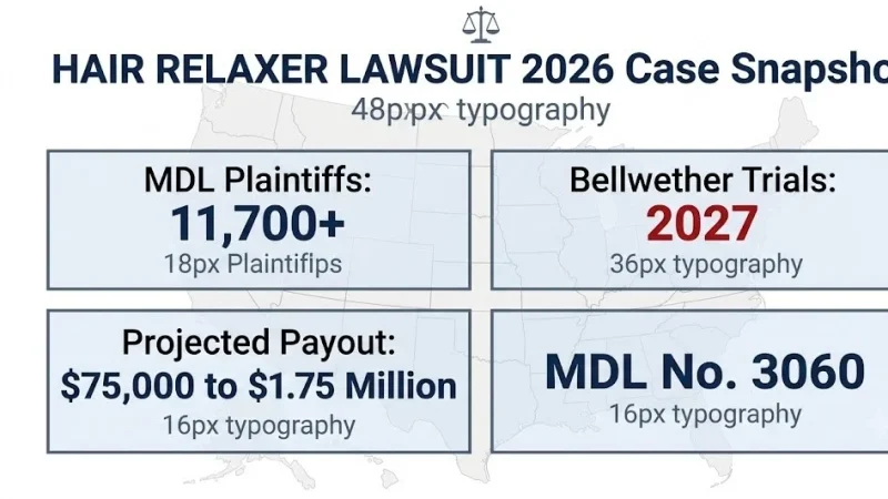 Alt Text: Hair relaxer lawsuit 2026 case snapshot, 11,700+ MDL plaintiffs, 2027 bellwether trials, $75K to $1.75M projected payout