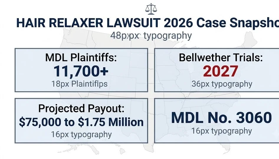 Alt Text:
Hair relaxer lawsuit 2026 case snapshot, 11,700+ MDL plaintiffs, 2027 bellwether trials, $75K to $1.75M projected payout