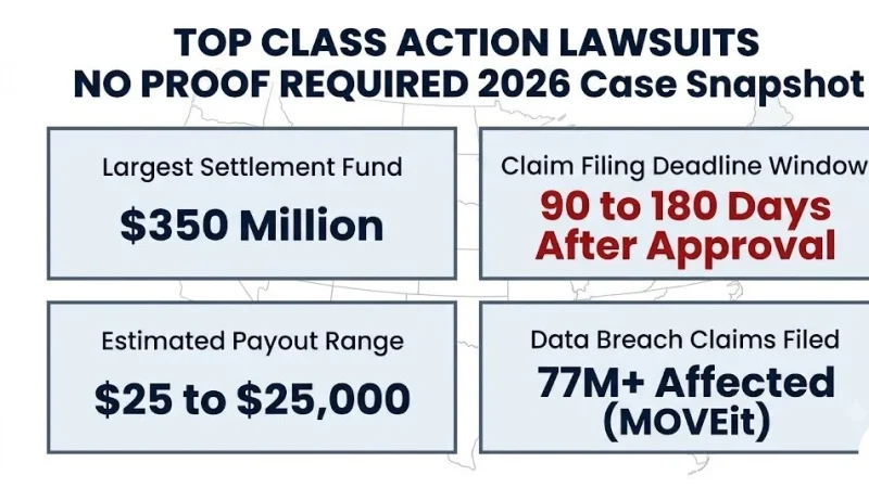 Top class action lawsuit no proof 2026 snapshot: $350M fund, $25 to $25,000 payouts, 90 to 180 day deadlines, 77M+ affected.