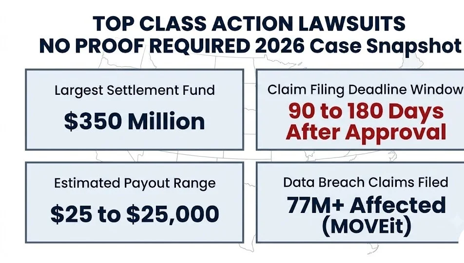 Top class action lawsuit no proof 2026 snapshot: $350M fund, $25 to $25,000 payouts, 90 to 180 day deadlines, 77M+ affected.