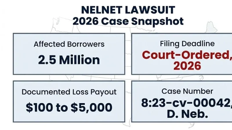 Nelnet lawsuit 2026 case snapshot, 2.5M borrowers, $100 to $5,000 payouts, Case No. 8:23-cv-00042