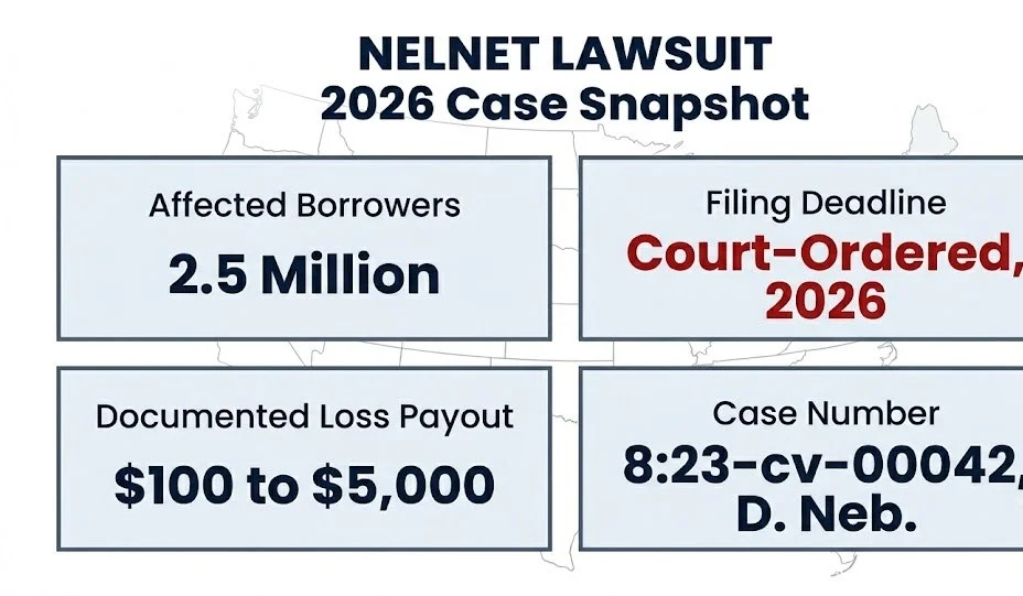 Nelnet lawsuit 2026 case snapshot, 2.5M borrowers, $100 to $5,000 payouts, Case No. 8:23-cv-00042