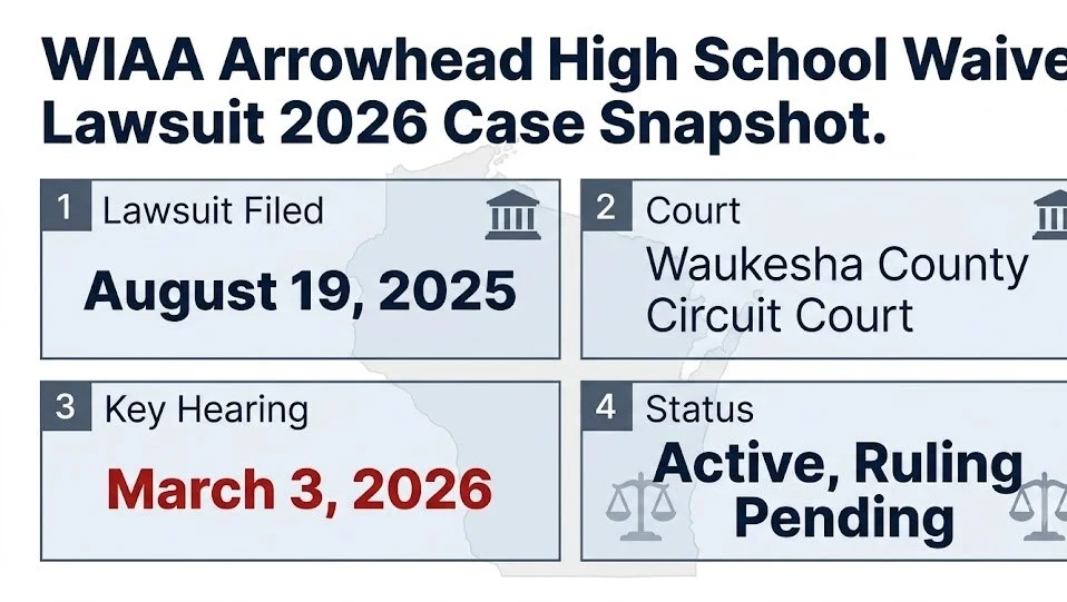 Alt Text:WIAA Arrowhead high school waiver lawsuit case snapshot, filed Aug 2025, Waukesha court, March 2026 hearing