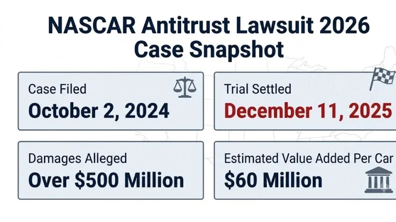 Alt Text: NASCAR antitrust lawsuit case snapshot, filed Oct 2024, settled Dec 2025, $500M damages alleged