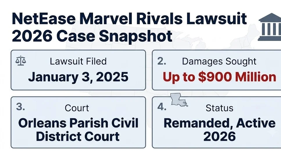 NetEase Marvel Rivals lawsuit case snapshot, filed Jan 2025, $900M sought, Louisiana court