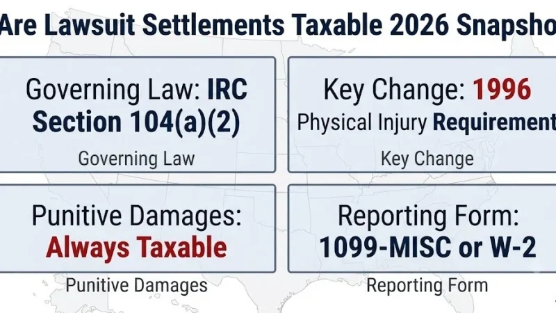 Are lawsuit settlements taxable 2026 snapshot, IRC Section 104, punitive damages always taxable, 1099-MISC reporting