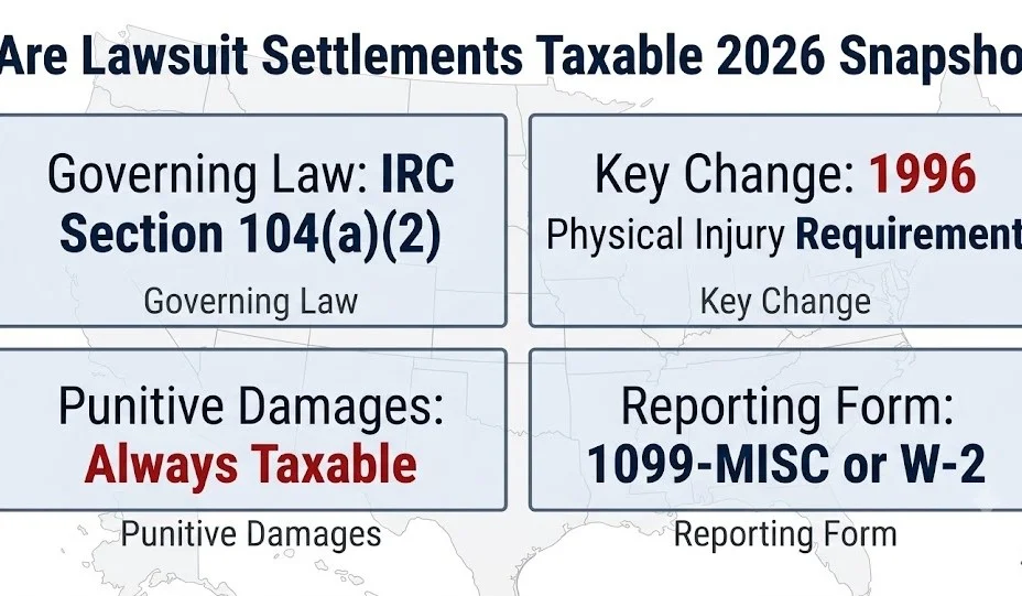 Are lawsuit settlements taxable 2026 snapshot, IRC Section 104, punitive damages always taxable, 1099-MISC reporting