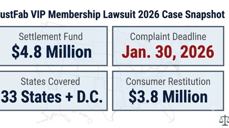 JustFab VIP membership lawsuit 2026 case snapshot: $4.8M fund, Jan. 30, 2026 deadline, 33 states