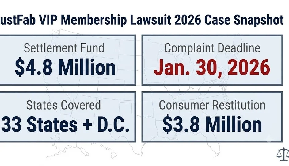 JustFab VIP membership lawsuit 2026 case snapshot: $4.8M fund, Jan. 30, 2026 deadline, 33 states