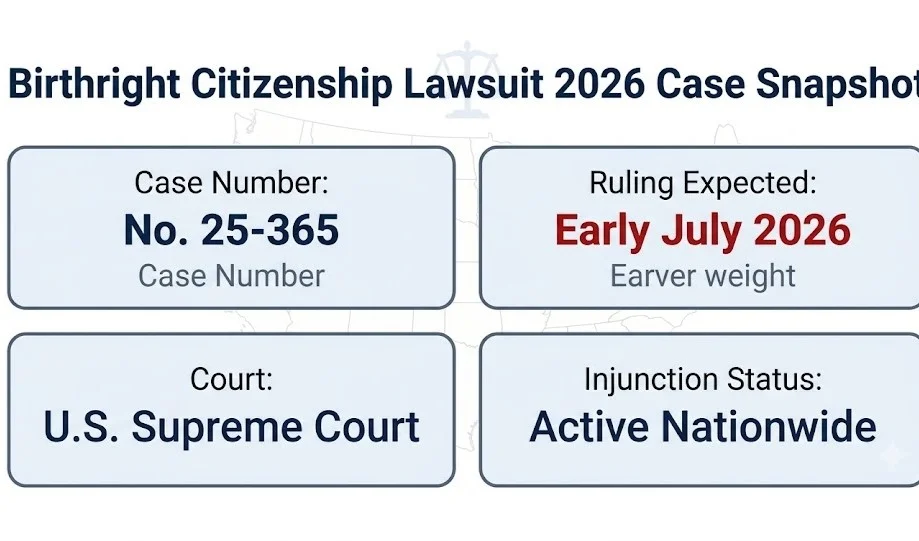 Birthright citizenship lawsuit 2026 case snapshot, No. 25-365, ruling expected early July 2026, nationwide injunction active