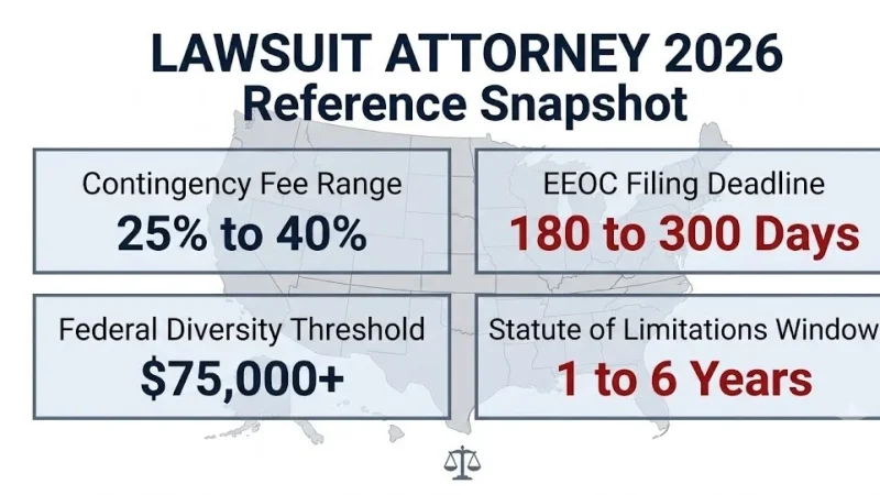 Lawsuit attorney 2026 reference snapshot showing 25% to 40% contingency fees, 180-day EEOC deadline, and 1 to 6 year filing windows.