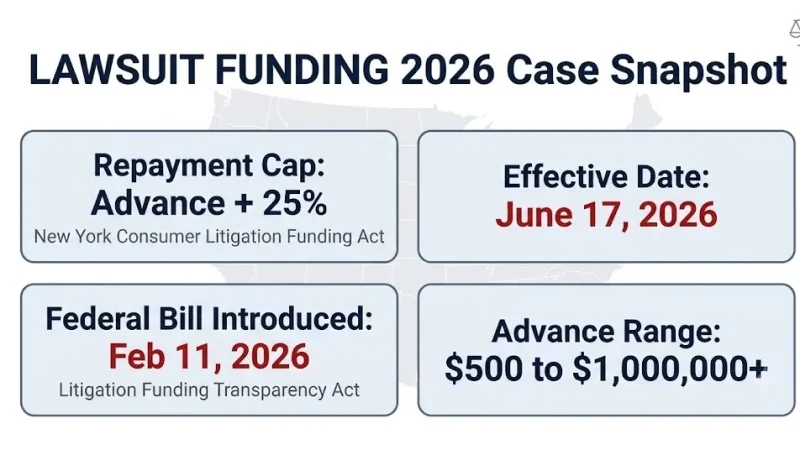 Lawsuit funding 2026 snapshot showing New York's 25 percent repayment cap and federal disclosure bill