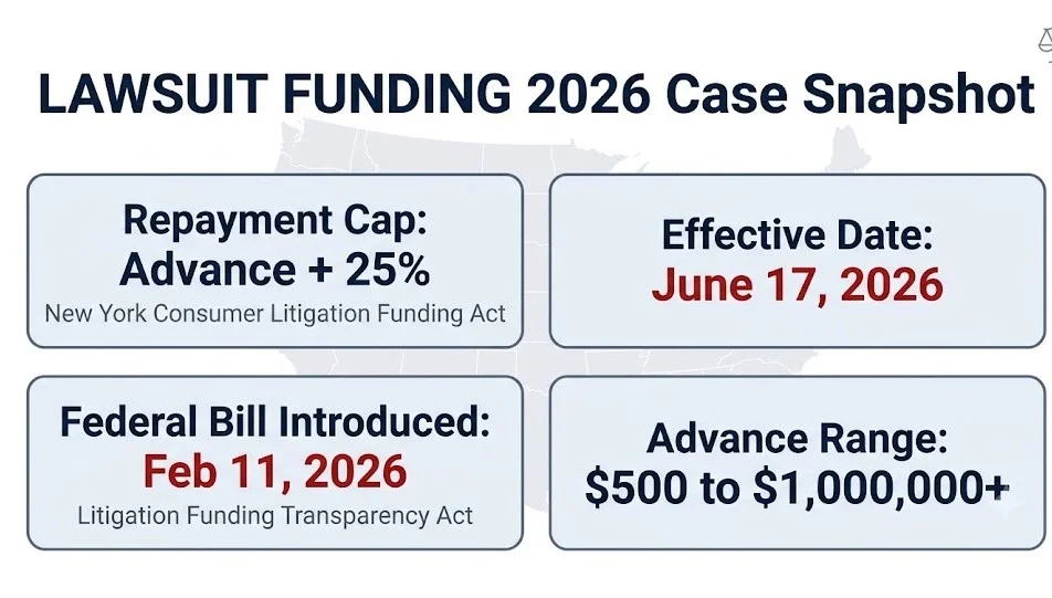 Lawsuit funding 2026 snapshot showing New York's 25 percent repayment cap and federal disclosure bill