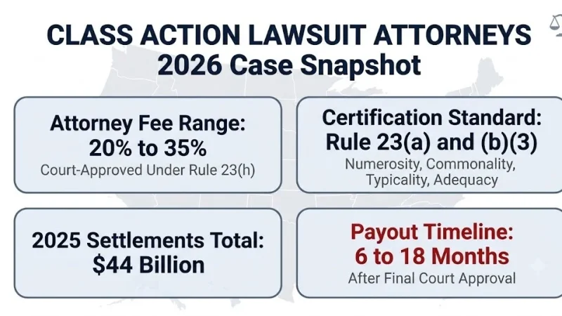 Class action lawsuit attorneys 2026 snapshot showing fee ranges, Rule 23 standards, and payout timeline
