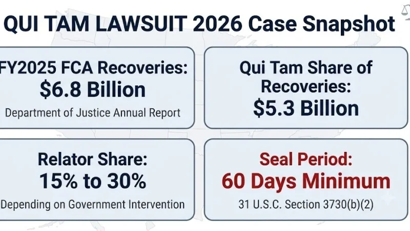 Alt Text: Qui tam lawsuit 2026 snapshot showing FCA recovery data, relator share percentages, and seal period rule