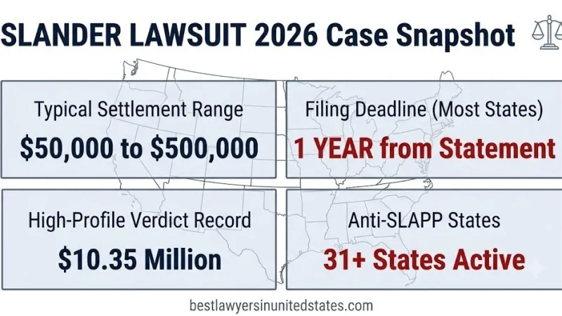 Slander lawsuit 2026 case snapshot: $50K to $500K settlements, 1-year filing deadline, $10.35M top verdict, 31+ anti-SLAPP states.