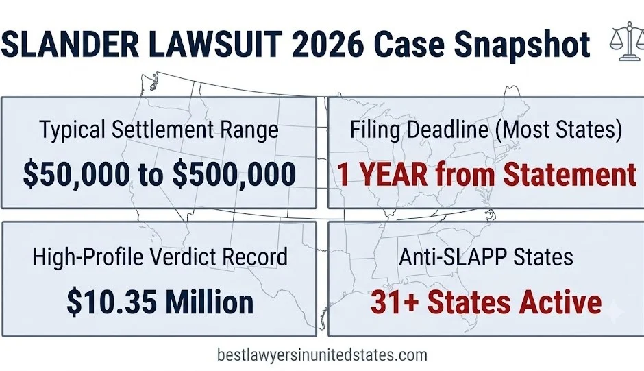 Slander lawsuit 2026 case snapshot: $50K to $500K settlements, 1-year filing deadline, $10.35M top verdict, 31+ anti-SLAPP states.