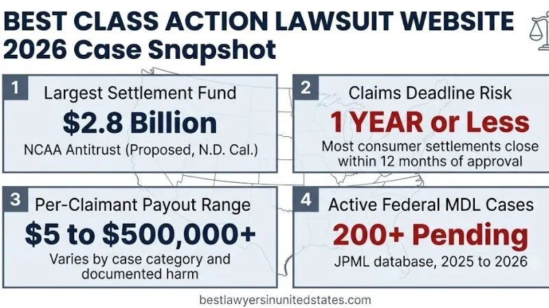 Best class action lawsuit website 2026 snapshot: $2.8B top settlement, 200+ active MDLs, $5 to $500K per-claimant payout range.