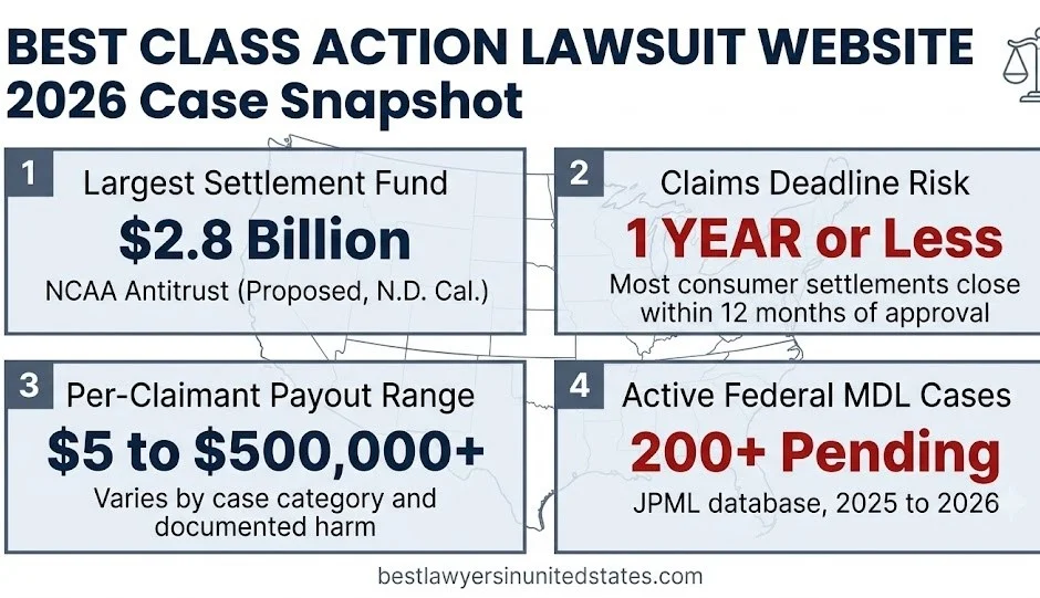 Best class action lawsuit website 2026 snapshot: $2.8B top settlement, 200+ active MDLs, $5 to $500K per-claimant payout range.