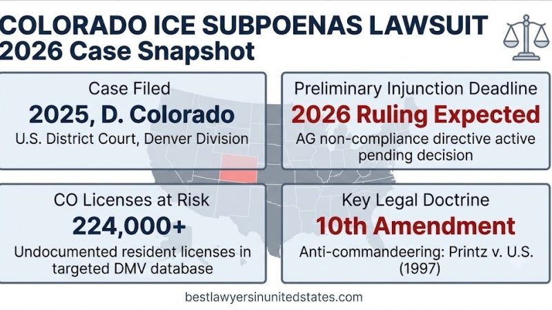 Colorado ICE subpoenas lawsuit 2026 snapshot: D. Colorado case, 224K+ licenses at risk, 10th Amendment anti-commandeering doctrine.