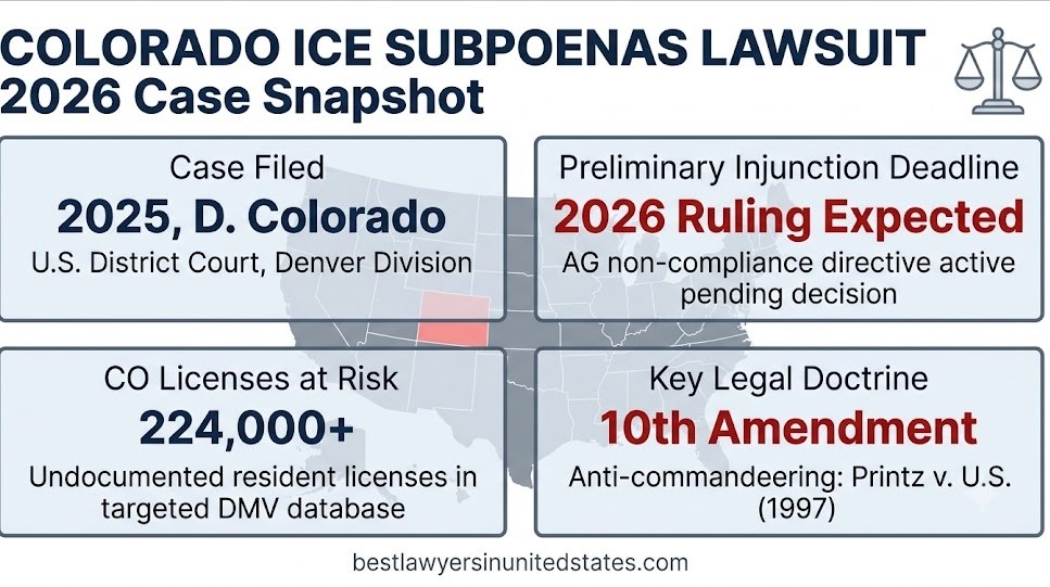 Colorado ICE subpoenas lawsuit 2026 snapshot: D. Colorado case, 224K+ licenses at risk, 10th Amendment anti-commandeering doctrine.