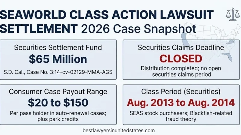 SeaWorld class action lawsuit settlement 2026 snapshot: $65M securities fund, closed claims, $20–$150 consumer payout, Aug. 2013–2014 class period.