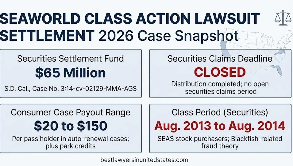 SeaWorld class action lawsuit settlement 2026 snapshot: $65M securities fund, closed claims, $20–$150 consumer payout, Aug. 2013–2014 class period.