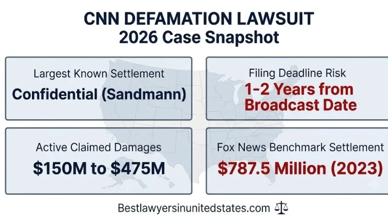 CNN defamation lawsuit 2026 case snapshot, $150M to $475M claimed damages, 1-2 year filing deadline, $787.5M benchmark