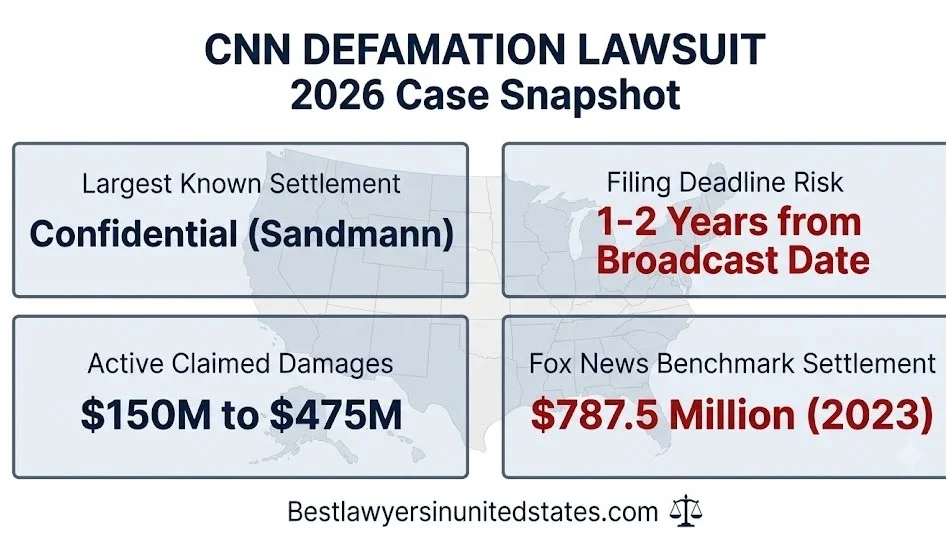 CNN defamation lawsuit 2026 case snapshot, $150M to $475M claimed damages, 1-2 year filing deadline, $787.5M benchmark
