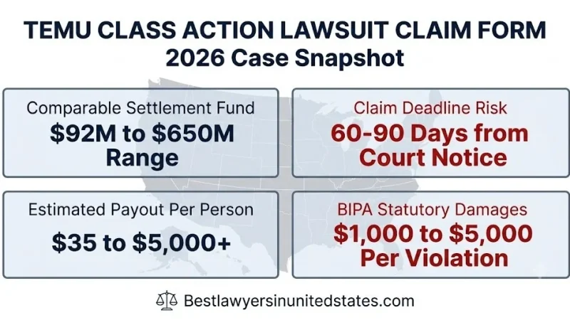Temu class action lawsuit claim form 2026 snapshot, $35 to $5,000 payout range, 60-90 day filing deadline, BIPA damages