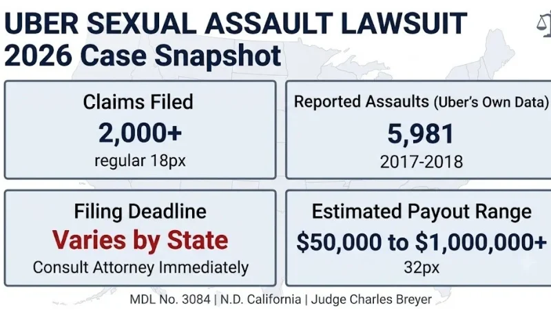 Uber sexual assault lawsuit 2026 case snapshot, MDL 3084, 2,000+ claims, $50,000 to $1,000,000+ payout range