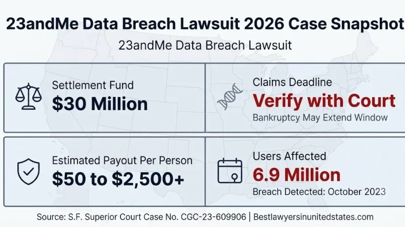 23andMe data breach lawsuit 2026 case snapshot, $30M settlement fund, 6.9 million users affected, $50 to $2,500+ payout range