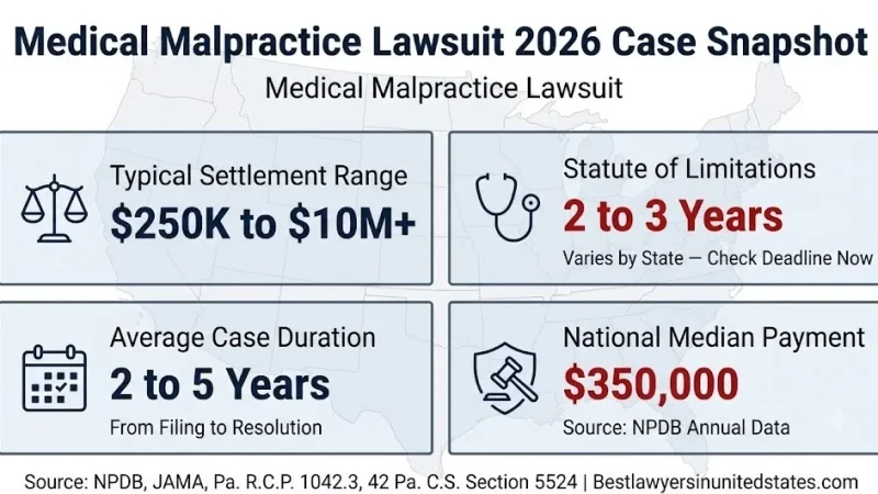 Medical malpractice lawsuit 2026 snapshot, $250K to $10M+ settlements, 2-3 year deadline by state, average 2-5 year case duration