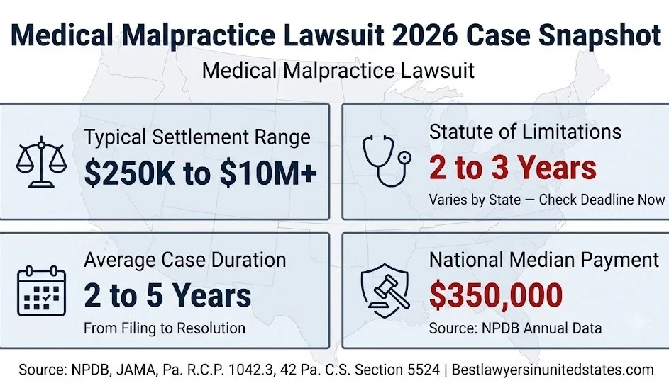 Medical malpractice lawsuit 2026 snapshot, $250K to $10M+ settlements, 2-3 year deadline by state, average 2-5 year case duration