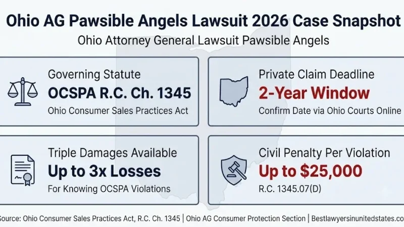 Ohio attorney general lawsuit Pawsible Angels 2026 snapshot, OCSPA triple damages, up to $25,000 per violation, 2-year claim deadline